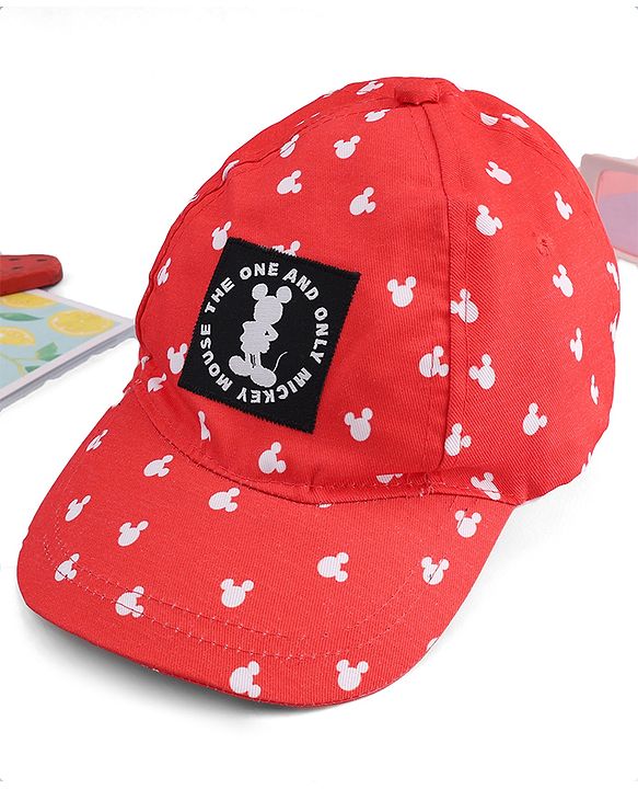 Babyhug Disney Cotton Woven Summer Cap With Mickey Mouse Graphics Red - Diameter 20 cm