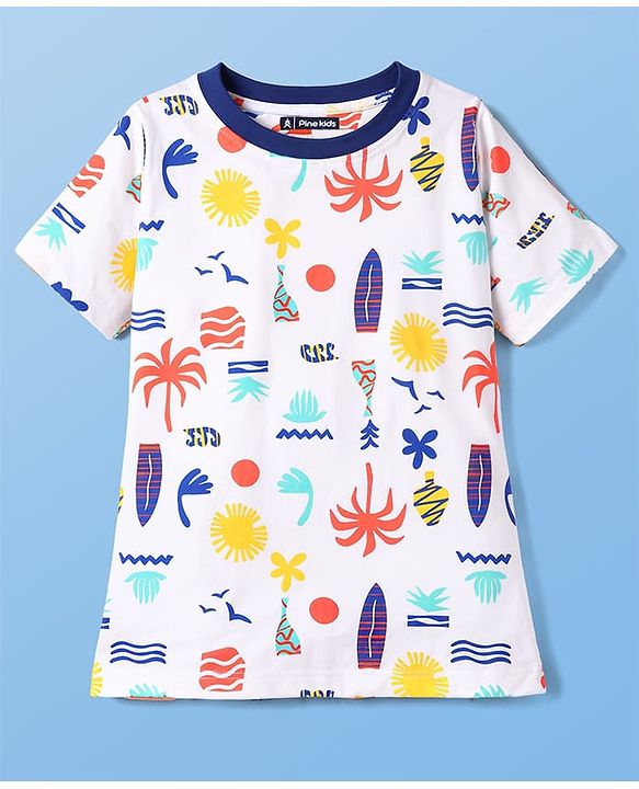 Pine Kids Cotton Knit Half Sleeves Co-Ord T-Shirt & Shorts Printed Night-Suit - White