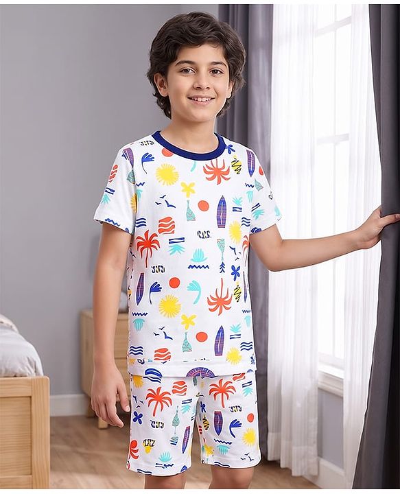 Pine Kids Cotton Knit Half Sleeves Co-Ord T-Shirt & Shorts Printed Night-Suit - White