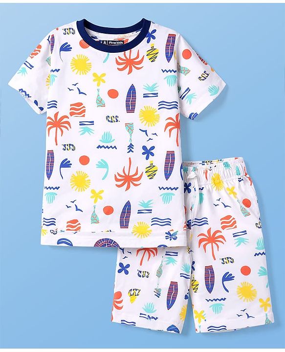 Pine Kids Cotton Knit Half Sleeves Co-Ord T-Shirt & Shorts Printed Night-Suit - White