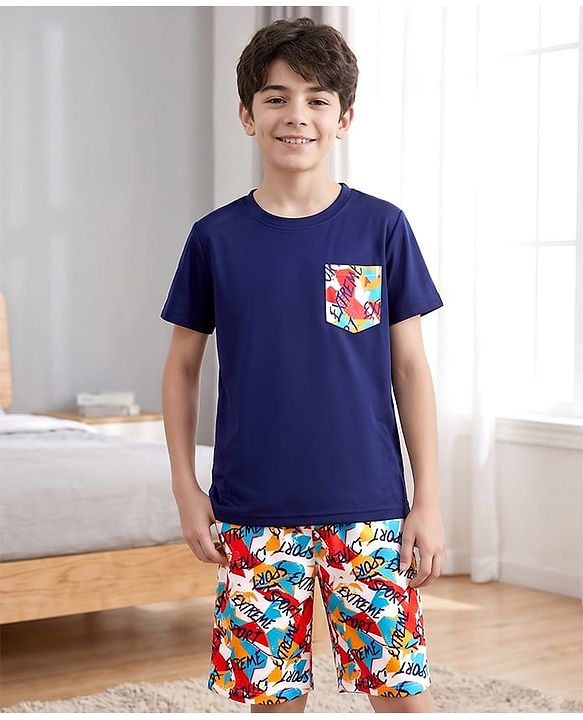 Pine Kids Cotton Knit Half Sleeves Text Printed T-Shirt & Shorts Night Suit - Navy Blue