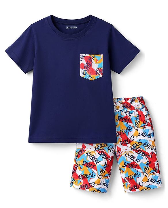 Pine Kids Cotton Knit Half Sleeves Text Printed T-Shirt & Shorts Night Suit - Navy Blue