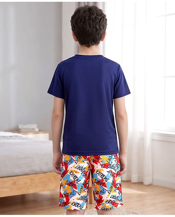 Pine Kids Cotton Knit Half Sleeves Text Printed T-Shirt & Shorts Night Suit - Navy Blue