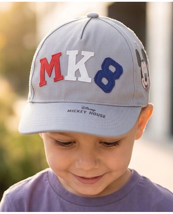 Babyhug Disney 100% Cotton Woven Summer Cap With Micky Mouse Graphics Grey - Diameter  19 cm