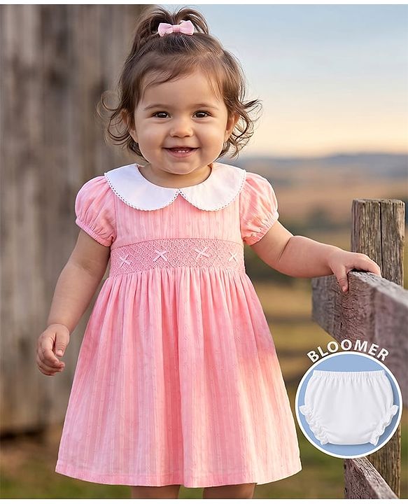 Babyhug Cotton Woven Half Sleeves Embroidered Frock With Bloomer - Pink