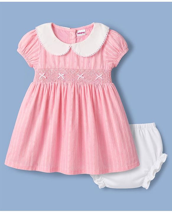 Babyhug Cotton Woven Half Sleeves Embroidered Frock With Bloomer - Pink