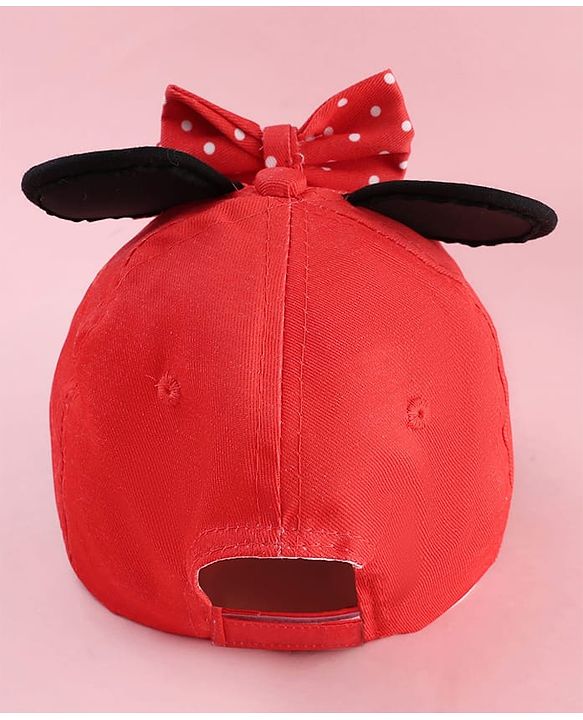 Babyhug Disney Cotton Woven Summer Cap With Minnie Mouse Graphics & Ear & Bow Applique Red - Diameter 20 cm