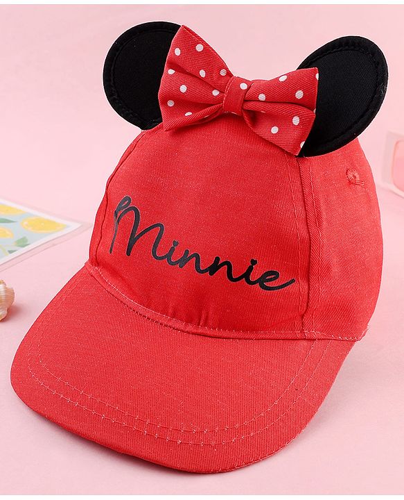 Babyhug Disney Cotton Woven Summer Cap With Minnie Mouse Graphics & Ear & Bow Applique Red - Diameter 20 cm