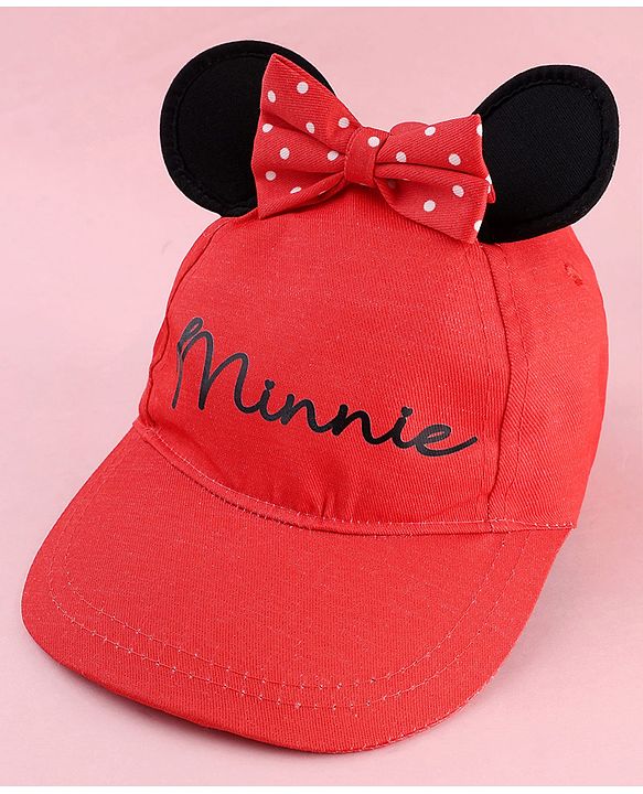 Babyhug Disney Cotton Woven Summer Cap With Minnie Mouse Graphics & Ear & Bow Applique Red - Diameter 20 cm