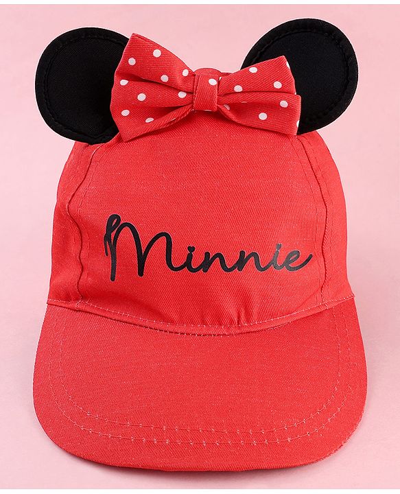 Babyhug Disney Cotton Woven Summer Cap With Minnie Mouse Graphics & Ear & Bow Applique Red - Diameter 20 cm