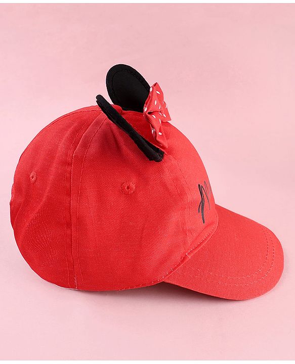 Babyhug Disney Cotton Woven Summer Cap With Minnie Mouse Graphics & Ear & Bow Applique Red - Diameter 20 cm