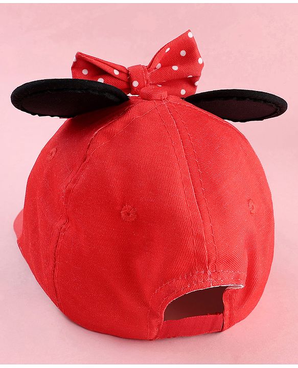 Babyhug Disney Cotton Woven Summer Cap With Minnie Mouse Graphics & Ear & Bow Applique Red - Diameter 20 cm