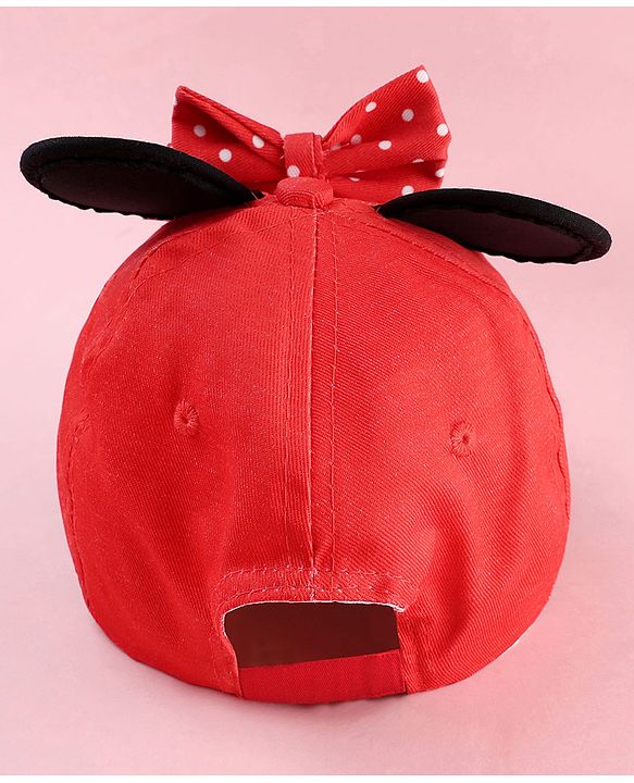 Babyhug Disney Cotton Woven Summer Cap With Minnie Mouse Graphics & Ear & Bow Applique Red - Diameter 20 cm