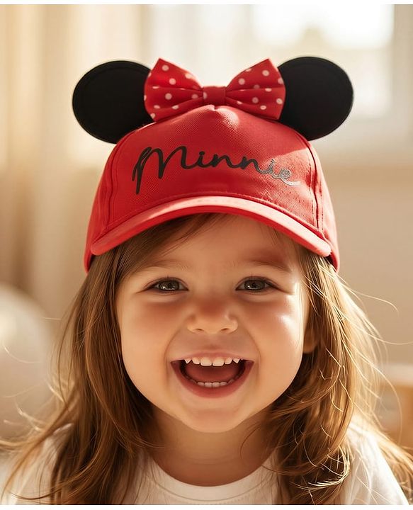 Babyhug Disney Cotton Woven Summer Cap With Minnie Mouse Graphics & Ear & Bow Applique Red - Diameter 20 cm
