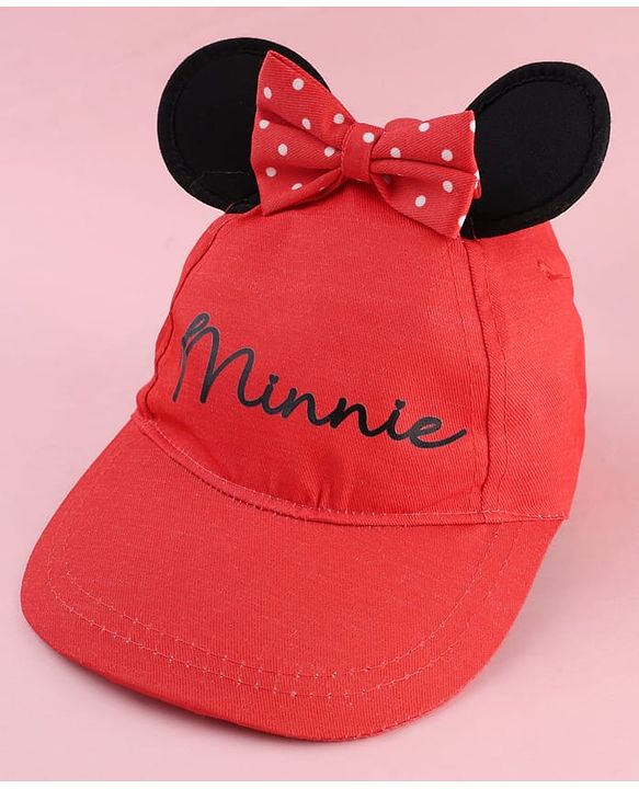 Babyhug Disney Cotton Woven Summer Cap With Minnie Mouse Graphics & Ear & Bow Applique Red - Diameter 20 cm