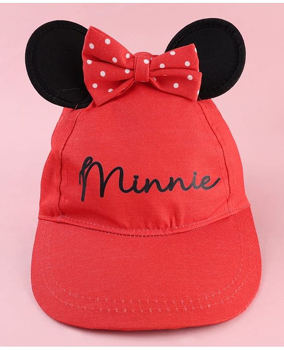 Babyhug Disney Cotton Woven Summer Cap With Minnie Mouse Graphics & Ear & Bow Applique Red - Diameter 20 cm
