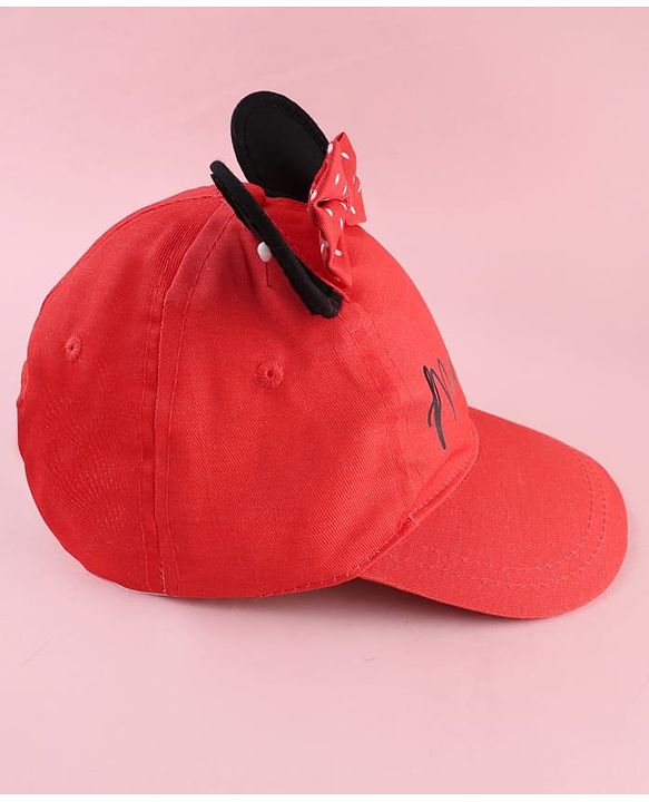 Babyhug Disney Cotton Woven Summer Cap With Minnie Mouse Graphics & Ear & Bow Applique Red - Diameter 20 cm