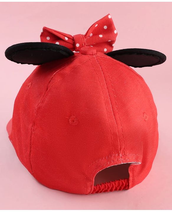 Babyhug Disney Cotton Woven Summer Cap With Minnie Mouse Graphics & Ear & Bow Applique Red - Diameter 20 cm