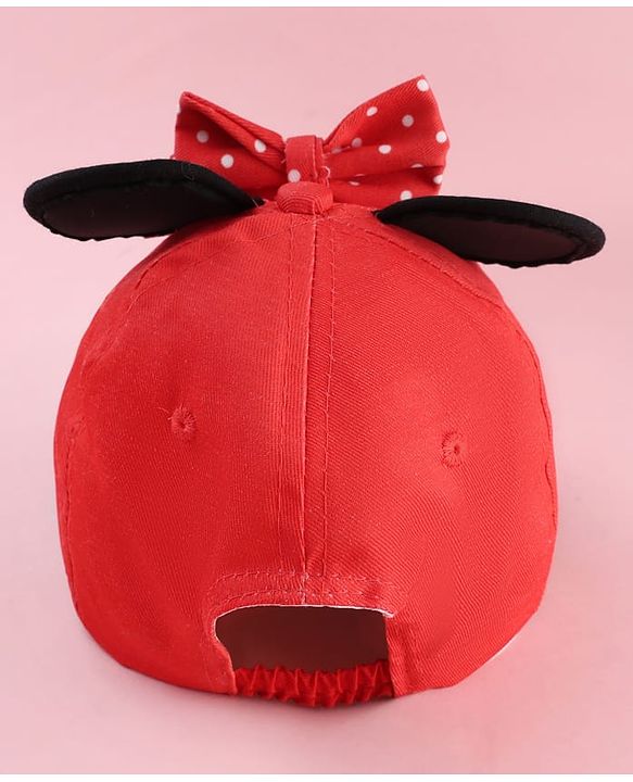 Babyhug Disney Cotton Woven Summer Cap With Minnie Mouse Graphics & Ear & Bow Applique Red - Diameter 20 cm