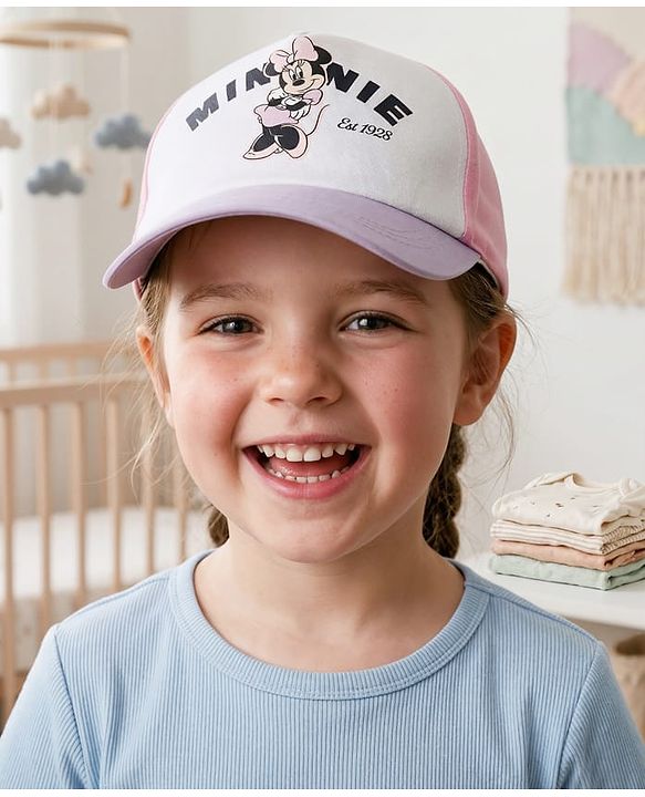 Babyhug Disney 100% Cotton Woven Summer Cap With Minnie Mouse Graphics Multicolour - Diameter 18.5 cm