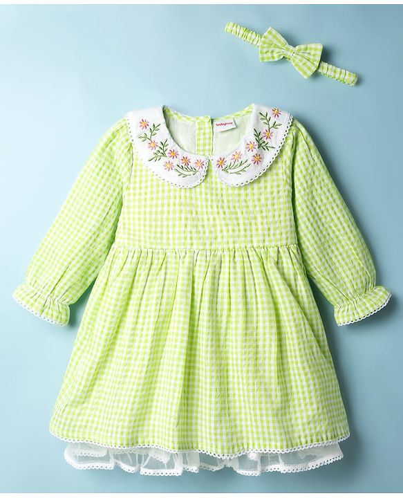 Babyhug Cotton Woven One Piece Dresses/Frocks with Embroidered Peter Pan Collar Green 3-6 Months