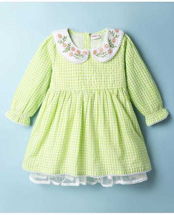 Babyhug Cotton Woven One Piece Dresses/Frocks with Embroidered Peter Pan Collar Green 3-6 Months