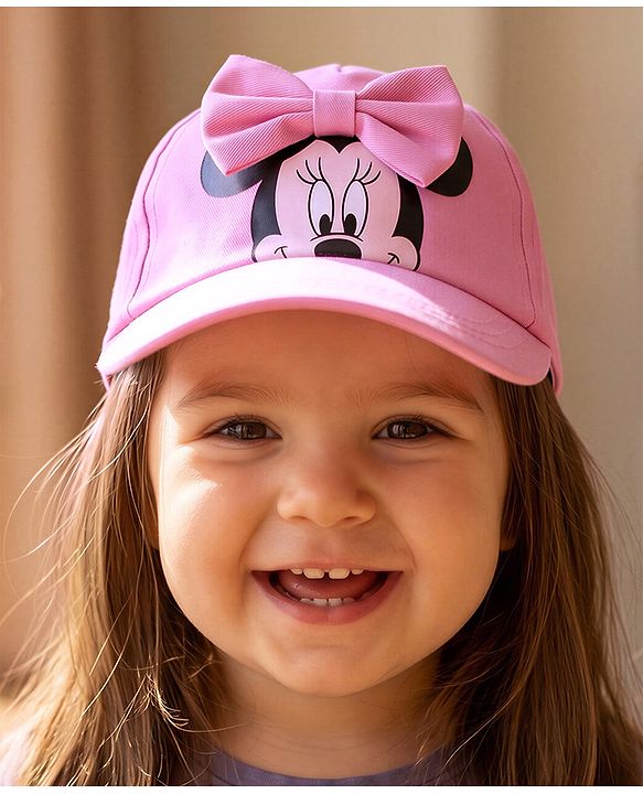 Babyhug Disney Cotton Woven Summer Cap With Minnie Mouse Graphics & Bow Applique Pink - Diameter 17.5 cm