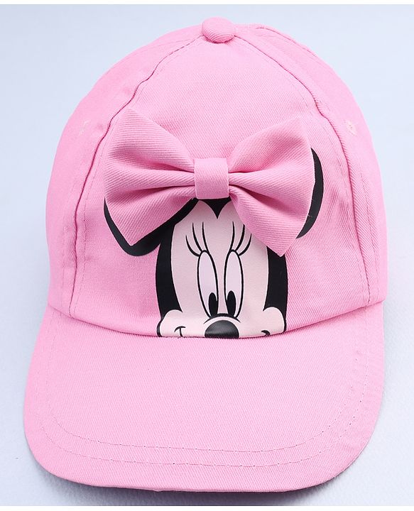 Babyhug Disney Cotton Woven Summer Cap With Minnie Mouse Graphics & Bow Applique Pink - Diameter 17.5 cm