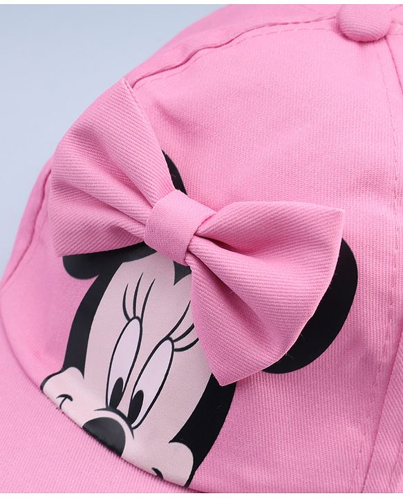 Babyhug Disney Cotton Woven Summer Cap With Minnie Mouse Graphics & Bow Applique Pink - Diameter 17.5 cm