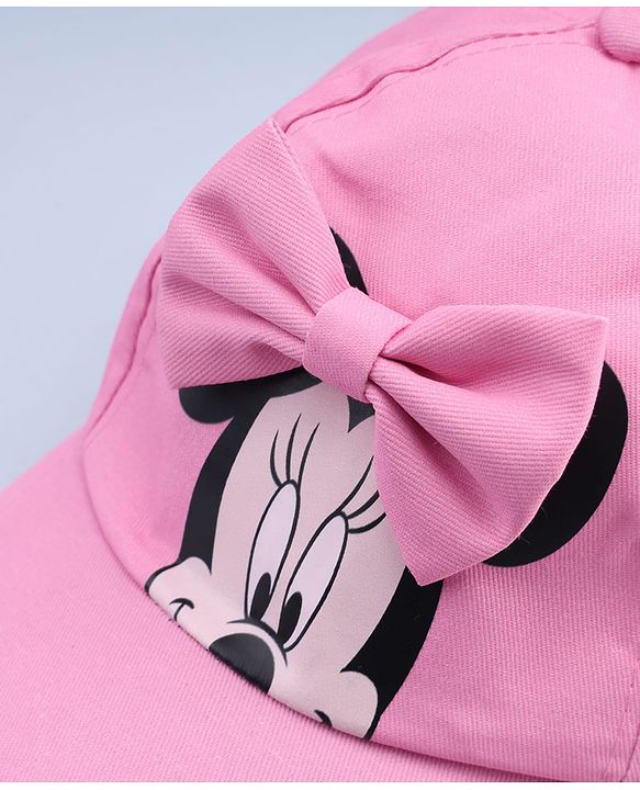 Babyhug Disney Cotton Woven Summer Cap With Minnie Mouse Graphics & Bow Applique Pink - Diameter 17.5 cm