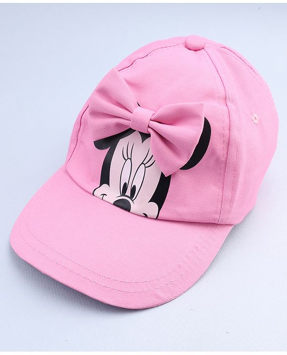 Babyhug Disney Cotton Woven Summer Cap With Minnie Mouse Graphics & Bow Applique Pink - Diameter 17.5 cm