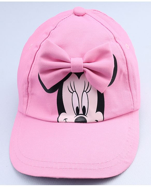 Babyhug Disney Cotton Woven Summer Cap With Minnie Mouse Graphics & Bow Applique Pink - Diameter 17.5 cm