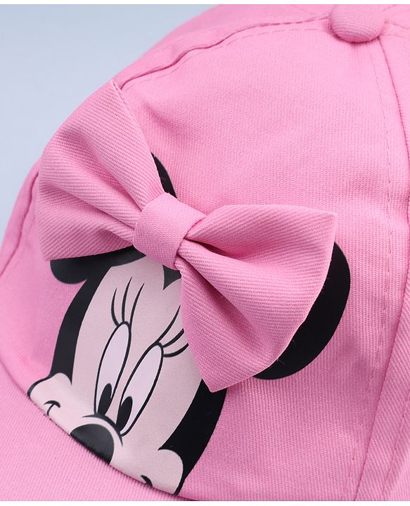 Babyhug Disney Cotton Woven Summer Cap With Minnie Mouse Graphics & Bow Applique Pink - Diameter 17.5 cm