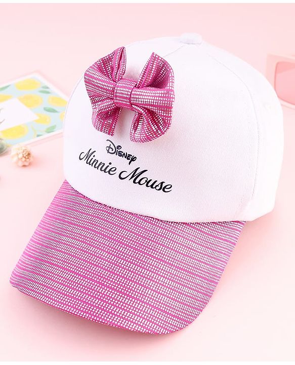 Babyhug Disney Cotton Woven Summer Cap With Minnie Mouse Graphics & Bow Applique Multicolor - Diameter 17 cm