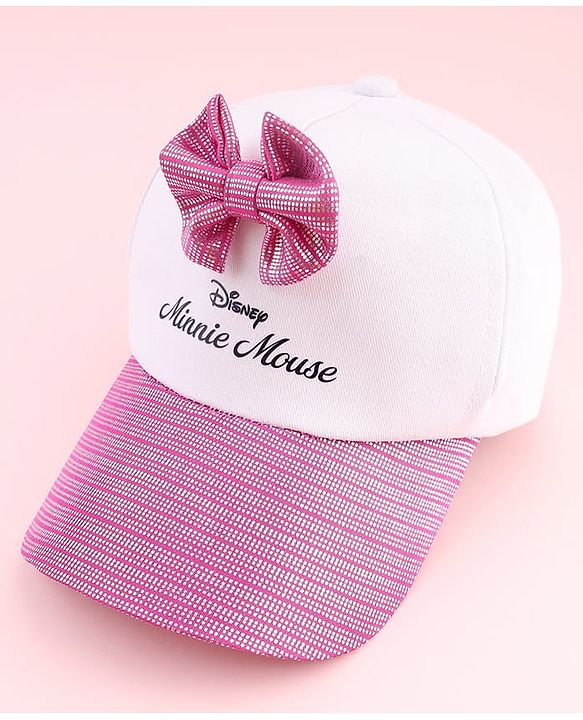 Babyhug Disney Cotton Woven Summer Cap With Minnie Mouse Graphics & Bow Applique Multicolor - Diameter 17 cm