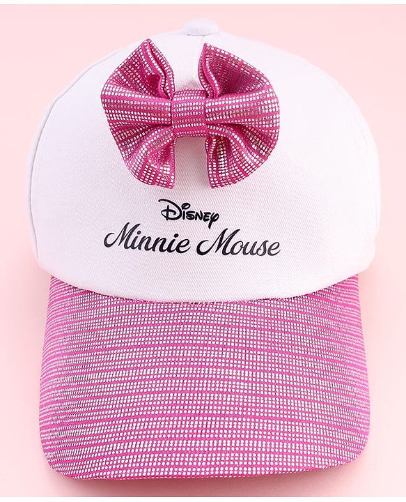 Babyhug Disney Cotton Woven Summer Cap With Minnie Mouse Graphics & Bow Applique Multicolor - Diameter 17 cm