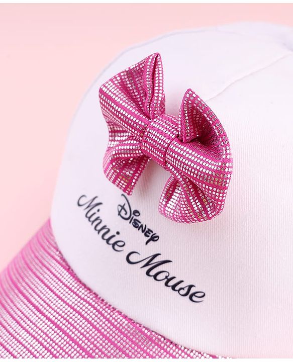 Babyhug Disney Cotton Woven Summer Cap With Minnie Mouse Graphics & Bow Applique Multicolor - Diameter 17 cm