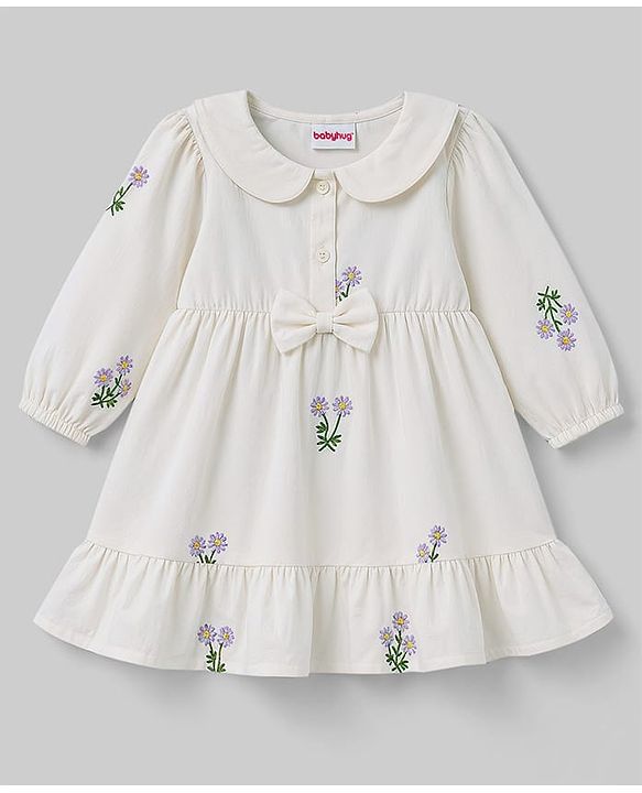 Babyhug Cotton Woven Full Sleeves Floral Embroidered Frock wth Peter Pan Collar - White