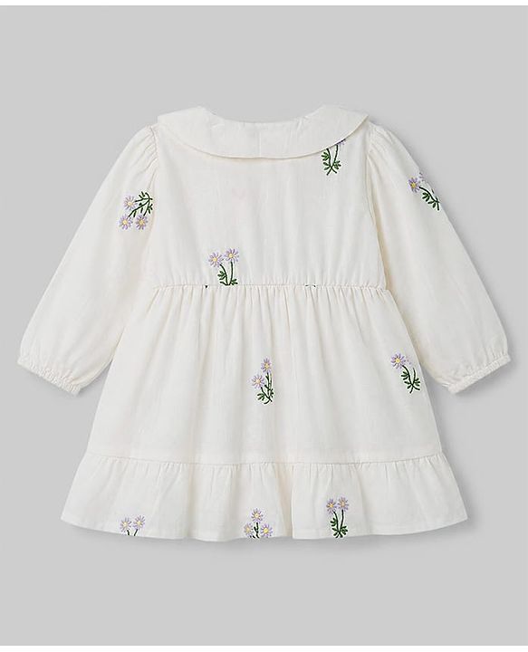 Babyhug Cotton Woven Full Sleeves Floral Embroidered Frock wth Peter Pan Collar - White
