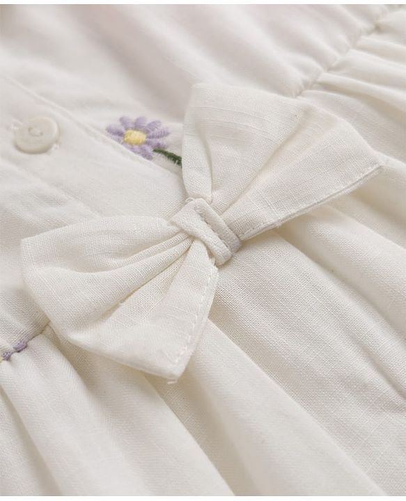 Babyhug Cotton Woven Full Sleeves Floral Embroidered Frock wth Peter Pan Collar - White