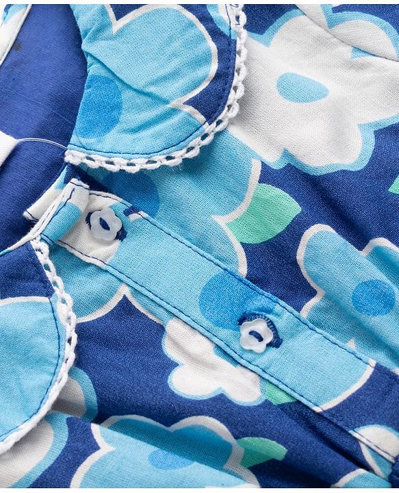 Babyhug Cotton Woven Half Sleeves Floral Printed Frock with Peter Pan Collar-Blue