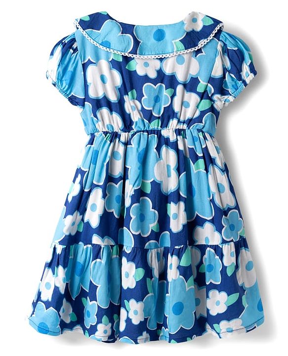 Babyhug Cotton Woven Half Sleeves Floral Printed Frock with Peter Pan Collar-Blue