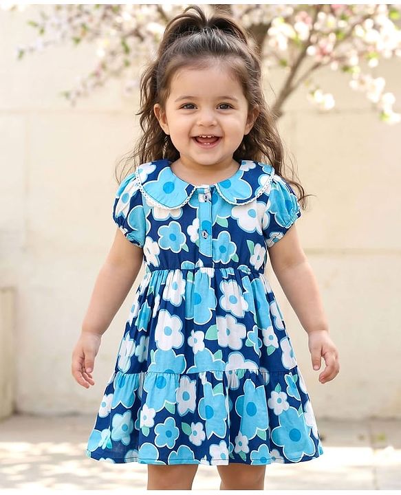 Babyhug Cotton Woven Half Sleeves Floral Printed Frock with Peter Pan Collar-Blue