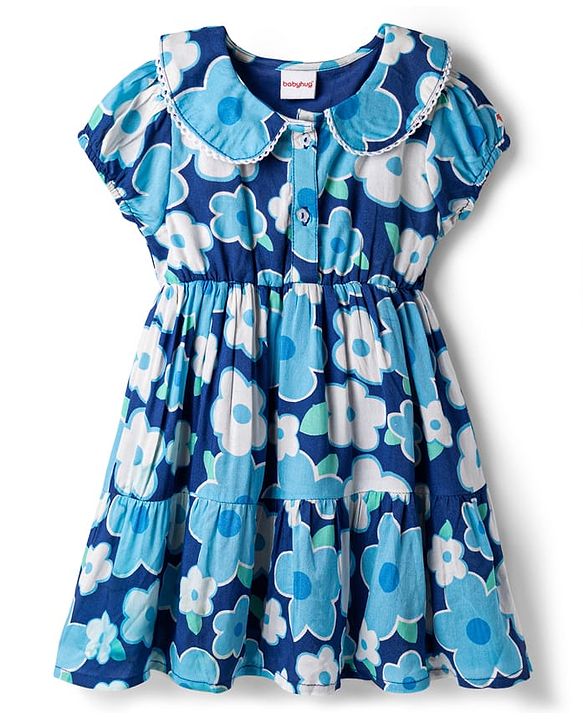 Babyhug Cotton Woven Half Sleeves Floral Printed Frock with Peter Pan Collar-Blue