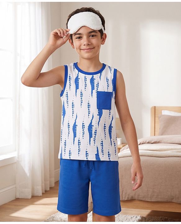 Pine Kids Cotton Knit Sleeveless Tie Dye Tank T-Shirt & Shorts Night Suit - White