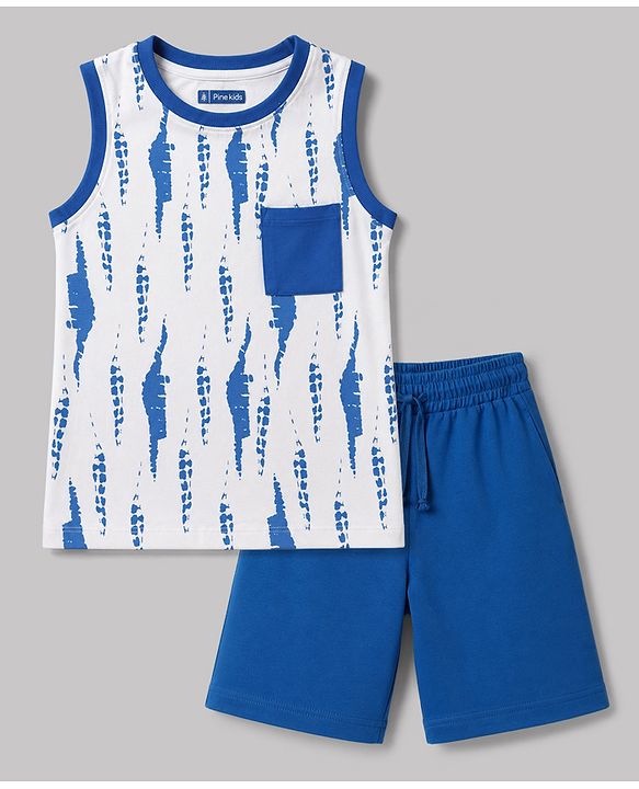Pine Kids Cotton Knit Sleeveless Tie Dye Tank T-Shirt & Shorts Night Suit - White