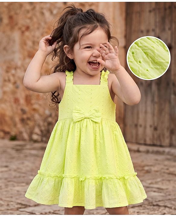 Babyhug Cotton Woven Sleeveless Frock With Bow Applique - Lime Green