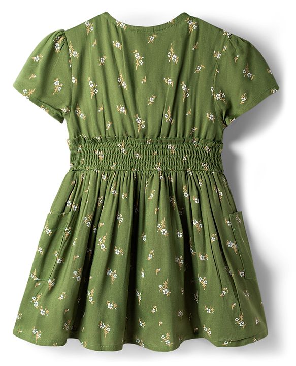 Babyhug Cotton Woven Half Sleeves Floral Printed Flared Frock with Smoking Detailing - Green