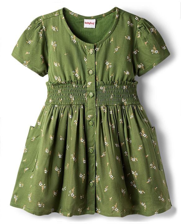 Babyhug Cotton Woven Half Sleeves Floral Printed Flared Frock with Smoking Detailing - Green