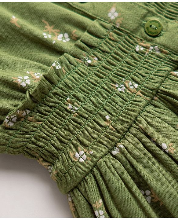 Babyhug Cotton Woven Half Sleeves Floral Printed Flared Frock with Smoking Detailing - Green